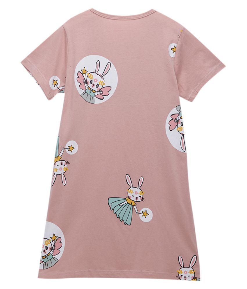 hopscotch girls cotton polyester cartoon print night dresses in pink