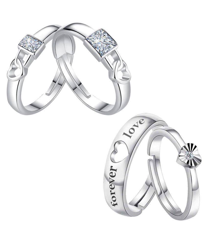     			Designer  Adjustable Couple Rings Set for lovers Silver Plated Solitaire for Men and Women 2 Pair