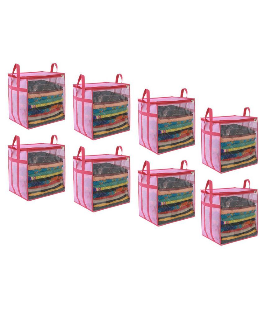     			PrettyKrafts XL Saree Cover/sari organizer with handles transparent front (Pack of 8)Large Sari Cover JutePink (Pink)