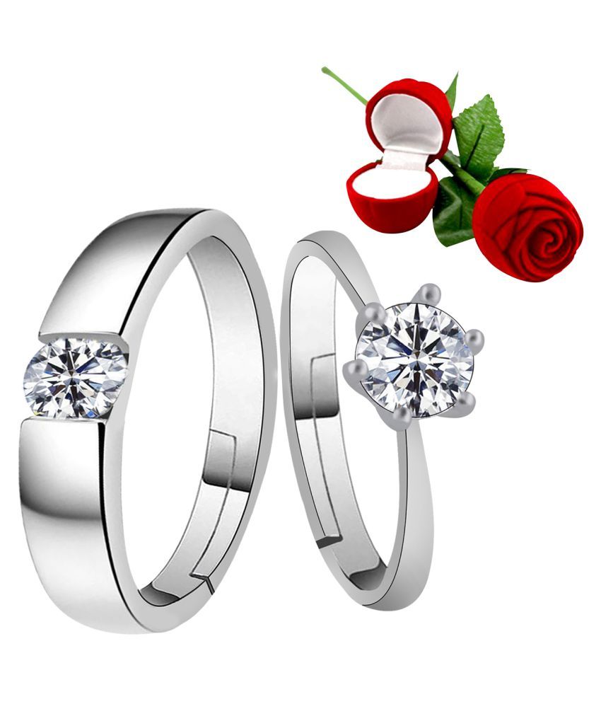     			Silver Plated Adjustable Couple Rings Set for lovers Ring with 1 Piece Red Rose Gift Box  for Men and Women