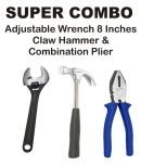 EmmEmm Combo of 8" Adjustable Wrench, 8" Combination Plier & Curved Claw hammer