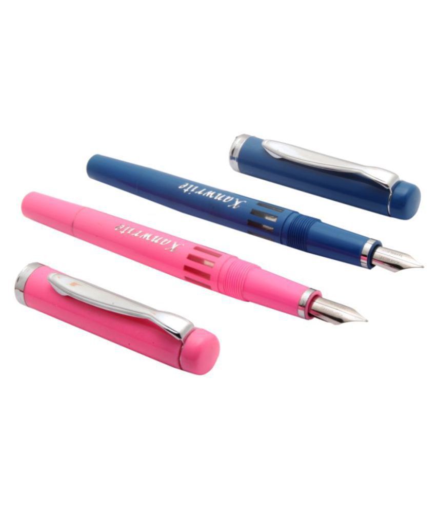     			Ledos Set of 2 - Kanwrite Zephyr Piston Ink Filler Fine Flex Nib Fountain Pen Chrome Trims - Blue & Pink