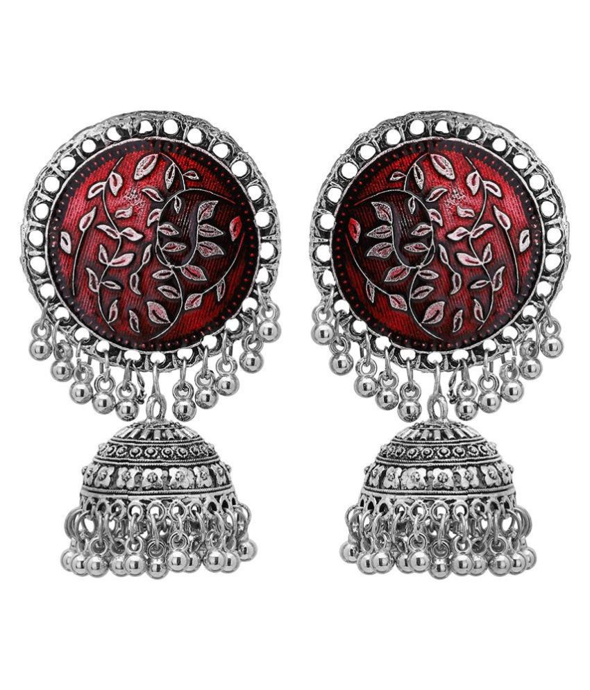     			Designer Traditional Oxidized Silver Afghani Style Big Jhumka Jhumki Colored Enamel Work Ghungroo Earrings for Women and Girls
