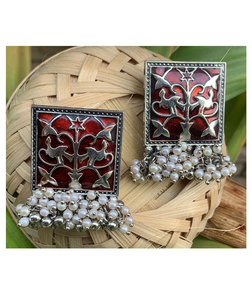     			Koorie Fashion Designer Traditional Oxidized Silver Afghani Style Big Jhumka Jhumki Colored Enamel Work Ghungroo Earrings for Women and Girls