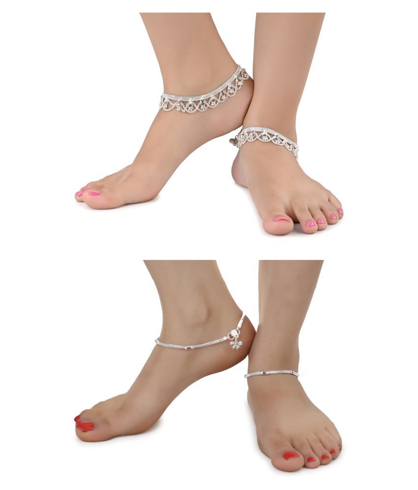     			AanyaCentric Combo of 2 Pair Silver Plated White Metal Indian Traditional Ethnic Payal Anklets