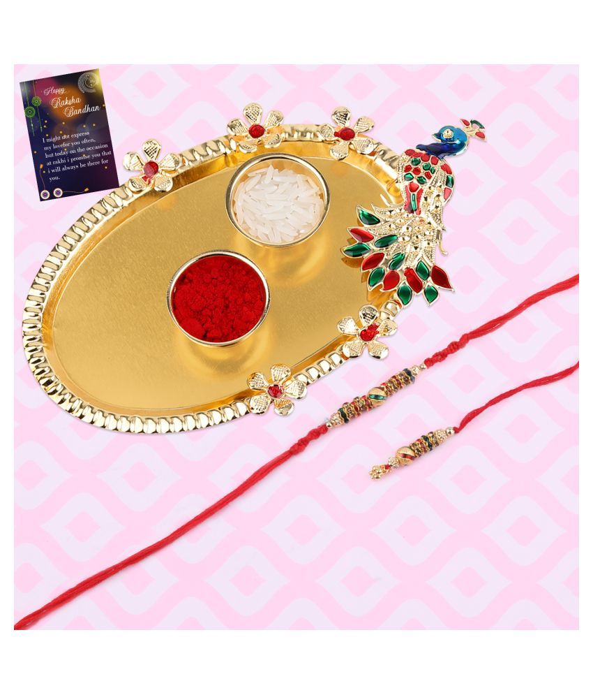     			Designer Classic look  Hanging Bhabhi Rakhi  With Roli Chawal And 1 Greeting Card 1 Kankawati Pooja Thali