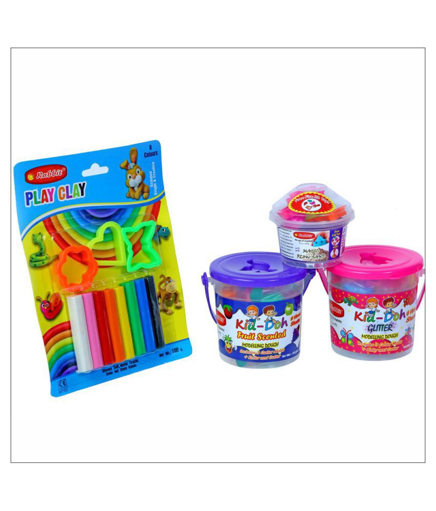Rabbit Kid Doh GLITTER + Scented Doh Bucket + Play Clay 8 Colors Blister Card|+ Sand 100GMS |Play Doh| Dough Set| Clay Moulds| Clay Dough for Kids Clay Doh Slime|Slime for Kids|Play Doh Clay Set|DIY Kits|Clay Slime Combo Play Doh for Kids|Age 3+