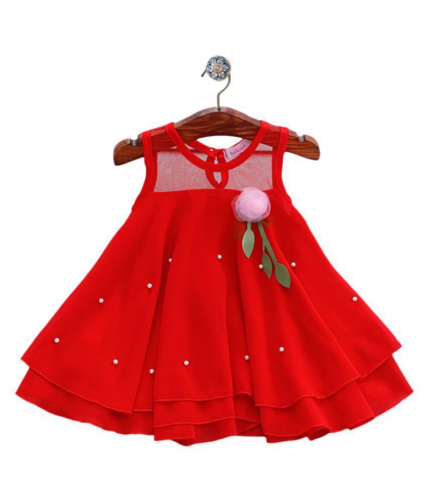 Hopscotch Girls Polyester Cute Flower Applique Dress in Red Color For ...