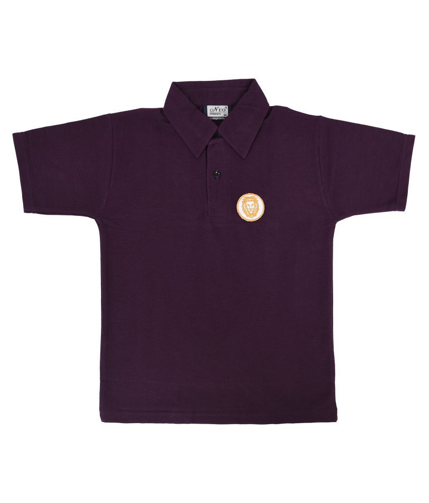Boys Polo Neck Cotton Embroidery Applique Patch T-Shirt - Lion (Purple). {7 YRS to 14 YRS}. PACK OF 1.