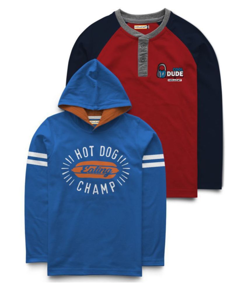     			HELLCAT Red and Blue Henley Neck & Hoodie Full Sleeve T-shirts Pack of 2