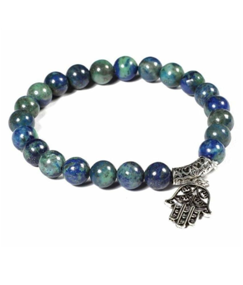     			8mm Green and Blue Azurite with Humsa Natural Agate Stone Bracelet
