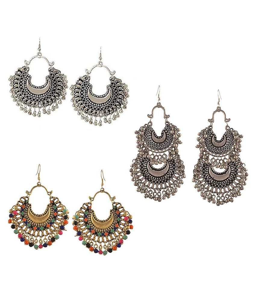 Afghani Tribal Multicolour Oxidized Silver Dangle Chandbali Earrings for Women and Girls -Combo of 3