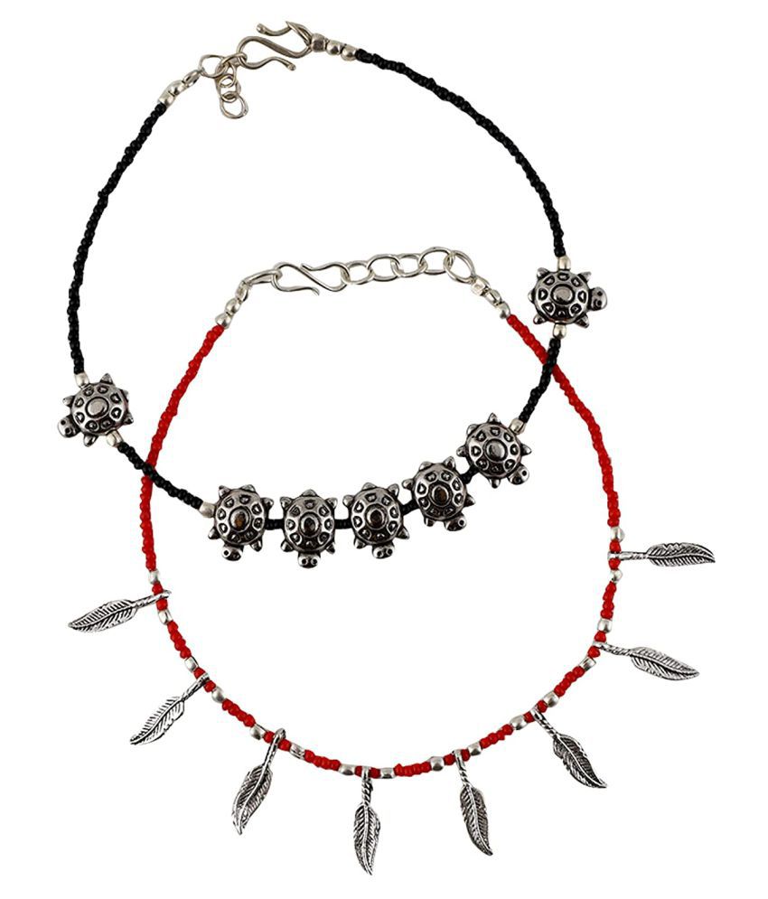     			Black & Red Leaf and Tortoise Beads Oxidised Silver Anklet Nazariya Combo for Women and Girls