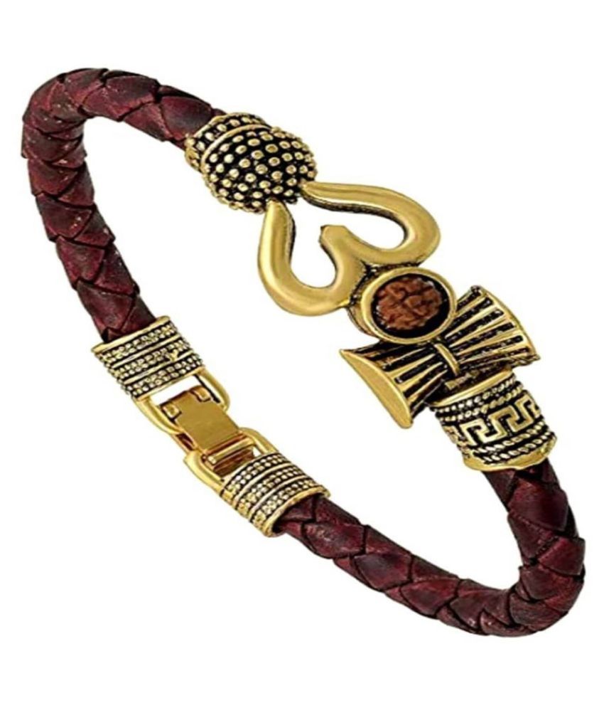     			Rudraksha OM Trishul Damroo Designer Oxidized Gold Bahubali Leather Kada Bracelet for Men