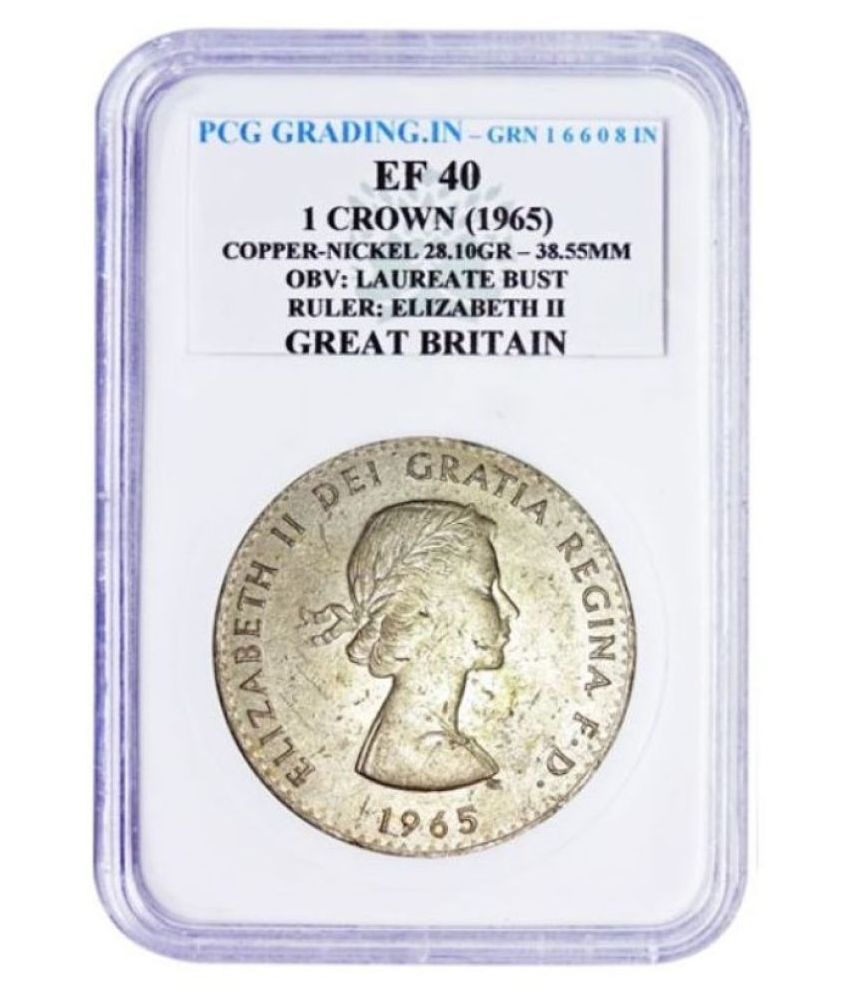     			( PCG Graded ) 1 Crown ( 1965 ) Copper - Nickle - 28.10 Gr. OBV : Bust  Ruler : Elizabeth - II Great  Britan 100 %  Original  PCG  Graded  Coin