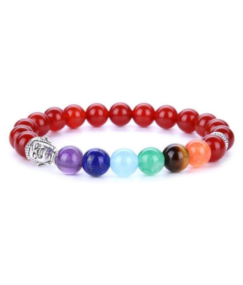     			7 Chakra Natural Red Agate Beads Bracelet Elastic Buddha head Bracelet