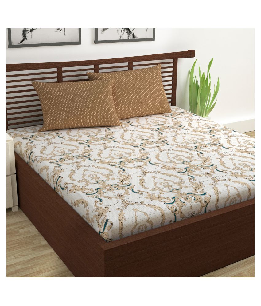     			DIVINE CASA - Beige Cotton Double Bedsheet with 2 Pillow Covers