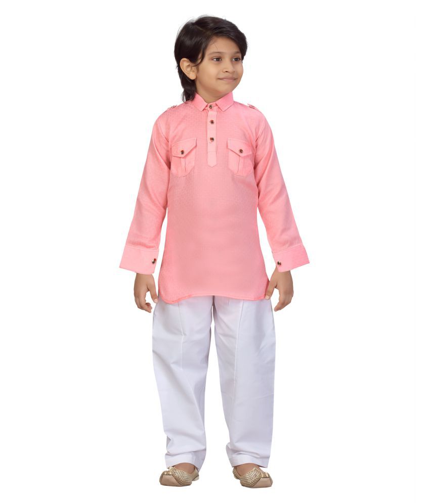 Little Mafia By Aarika Boys Pink-White Color Pathani Kurta Pyjama Set