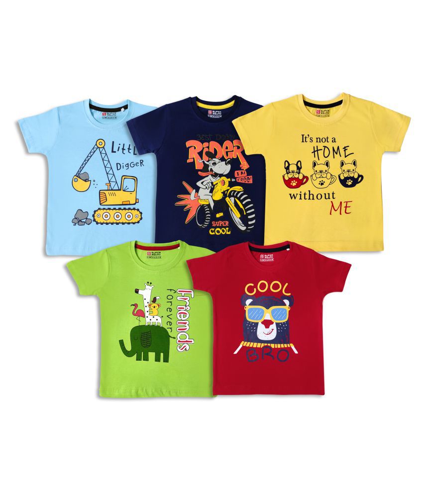 Supersquad Supersquad Baby Boys Blue , Red , Green , Yellow Printed Pure Cotton T Shirt Pack of 5