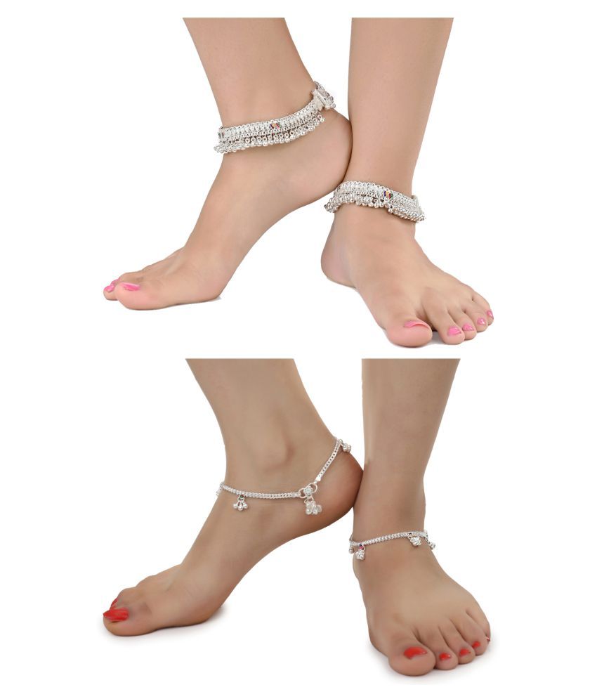     			AanyaCentric Combo of 2 Pair Silver Plated White Metal Indian Traditional Ethnic Payal Anklets