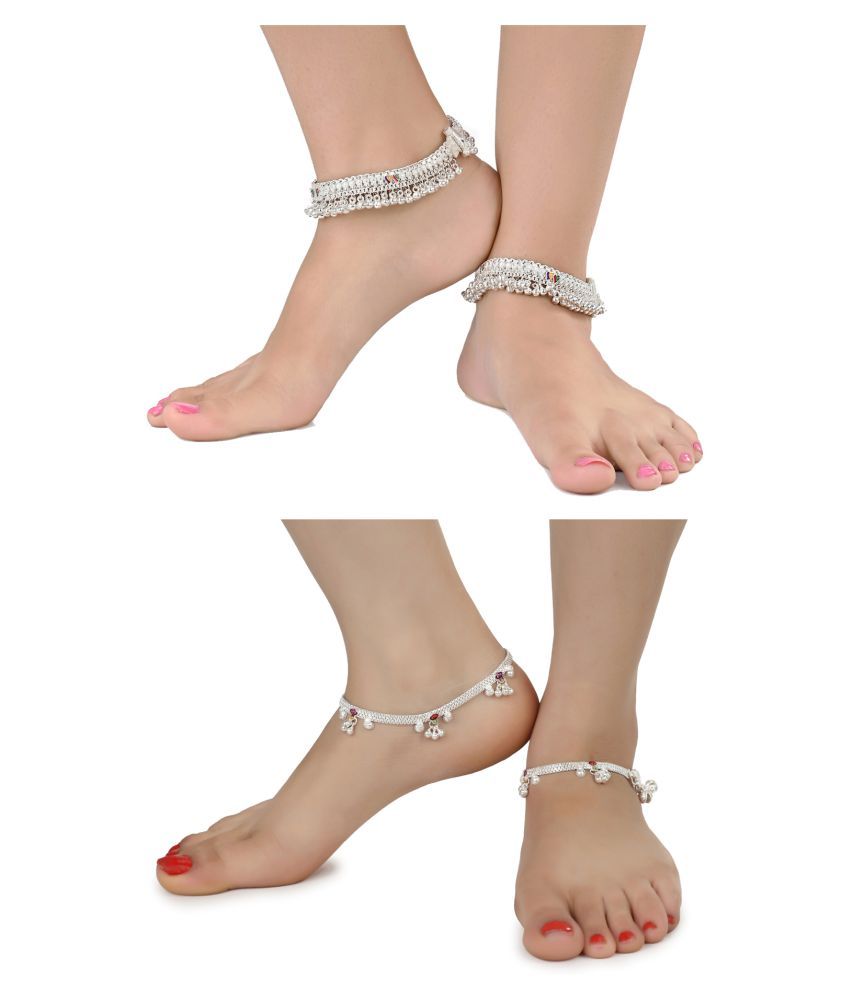     			AanyaCentric Combo of 2 Pair Silver Plated White Metal Indian Traditional Ethnic Payal Anklets