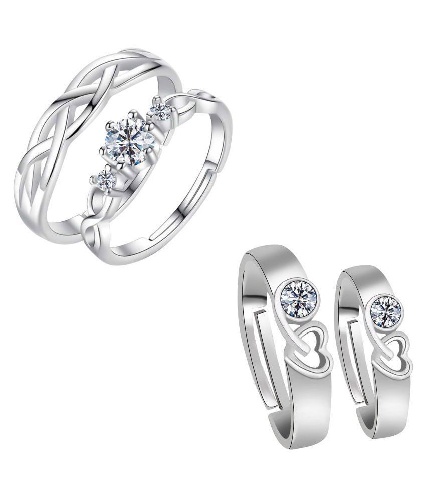     			Adjustable Couple Rings Set for lovers Silver Plated Party Wear Solitaire for Men and Women 2 Pair