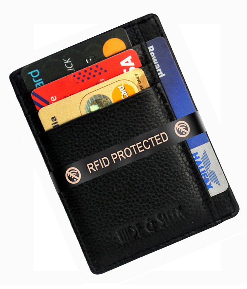     			Hide&Sleek RFID Protected Genuine Black Leather ATM Card Holder with Cash Slot