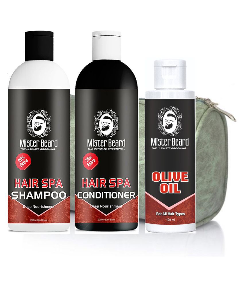 MISTER BEARD Hair Spa Shampoo, Cond, Free Bag And Olive Hair Oil 100 mL Pack of 3 Fliptop Plastic Jar