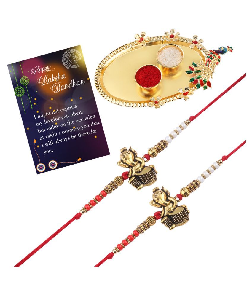     			Paola  Designer Classic Look "GANESH JI" Pendant  Rakhi with Kankawati Pooja Thali Roli Chawal  Greeting  Card  For Bhaiya/Brother/Bhai Pack Of 2