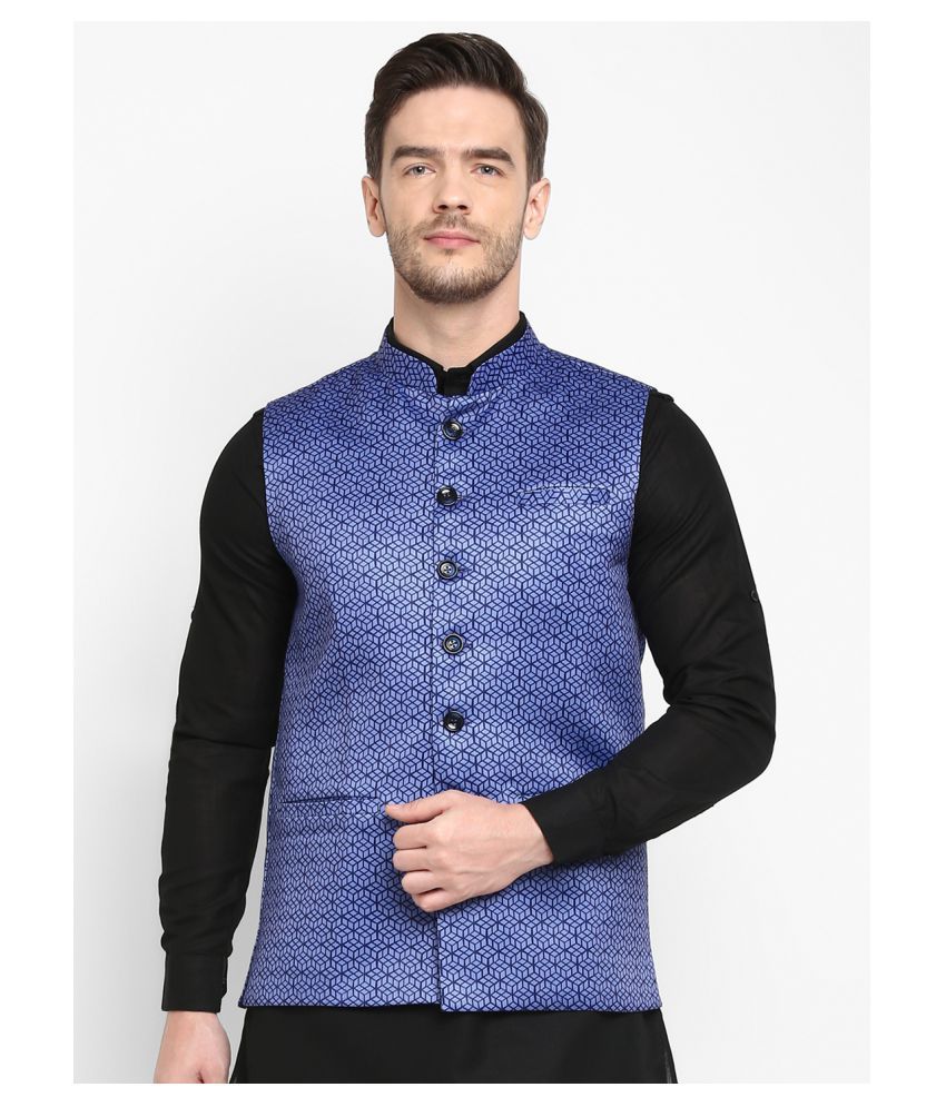     			Hangup Blue Cotton Blend Nehru Jacket