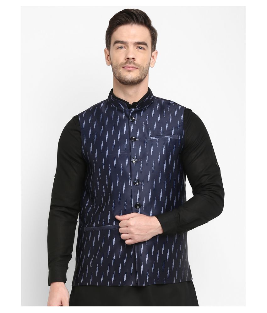     			Hangup Navy Cotton Blend Nehru Jacket