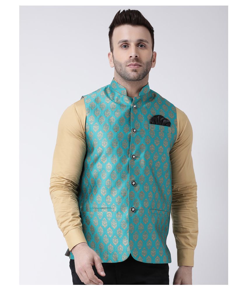    			Hangup Turquoise Silk Blend Nehru Jacket
