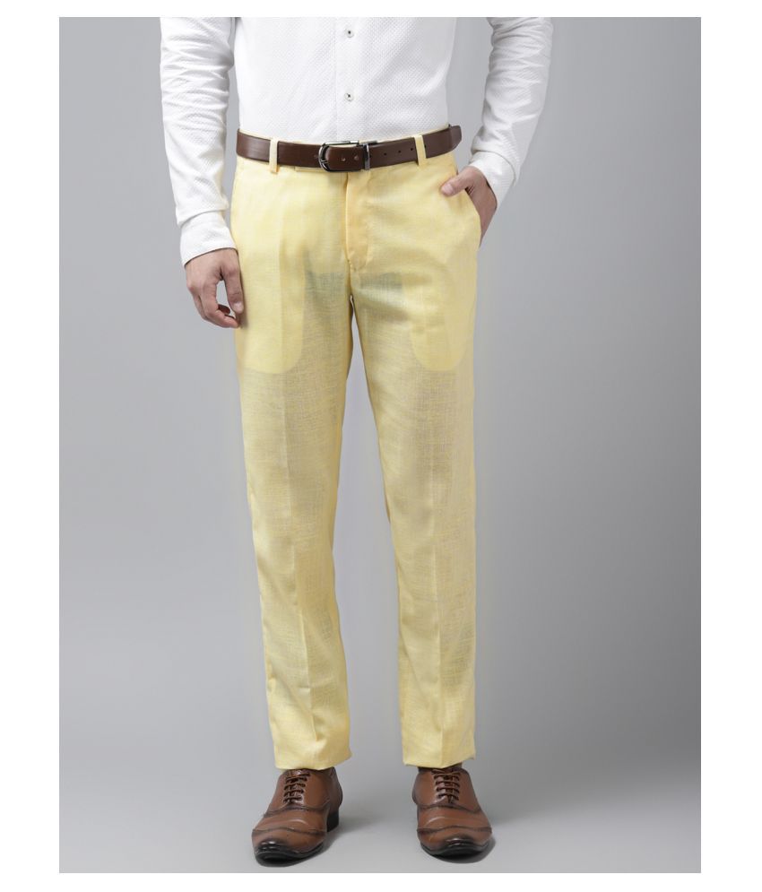 Hangup - Yellow Linen Regular Fit Men's Formal Pants (Pack of 1)