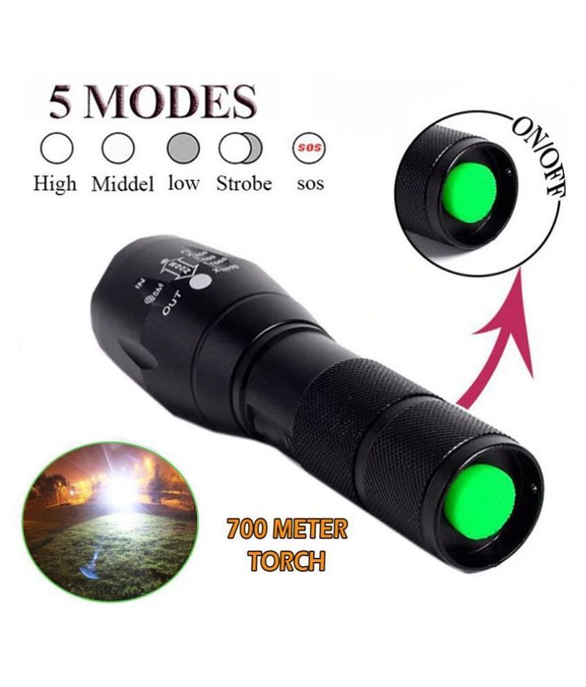 700mtr Rechargeable 5 Mode LED Waterproof Long Beam Metal Torch 12W 12W Emergency Light Torch Zoomable Black - Pack of 1