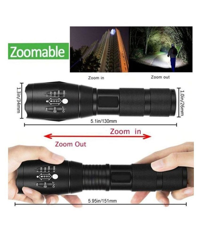 700mtr Rechargeable 5 Mode LED Waterproof Long Beam Metal Torch 12W 12W Emergency Light Torch Zoomable Black - Pack of 1