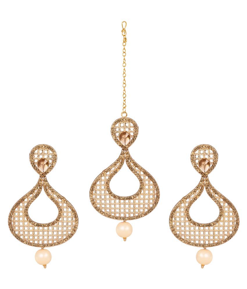     			Gold Plated Jali Pattern Stone and LCD Diamond Studded Maang Tikka with Dangler Earrings for Women and Girls (Red)