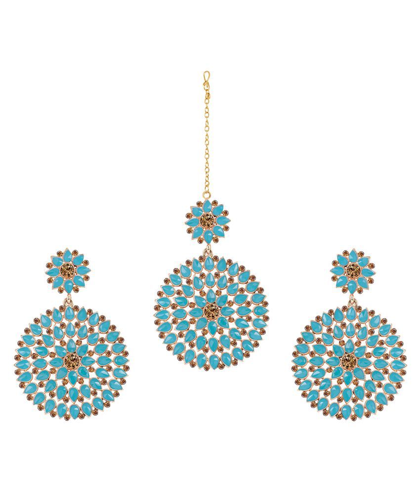     			Gold Plated Stone and Diamond Studded Maang Tikka with Dangler Earrings for Women and Girls (Mint Green)