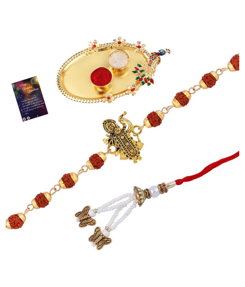     			Paola Rakhi Rudraksh "Shreenathji " With Bhabhi Rakhi "Butterfly" With Roli Chawal And Greeting Card 1 Kankawati Pooja Thali