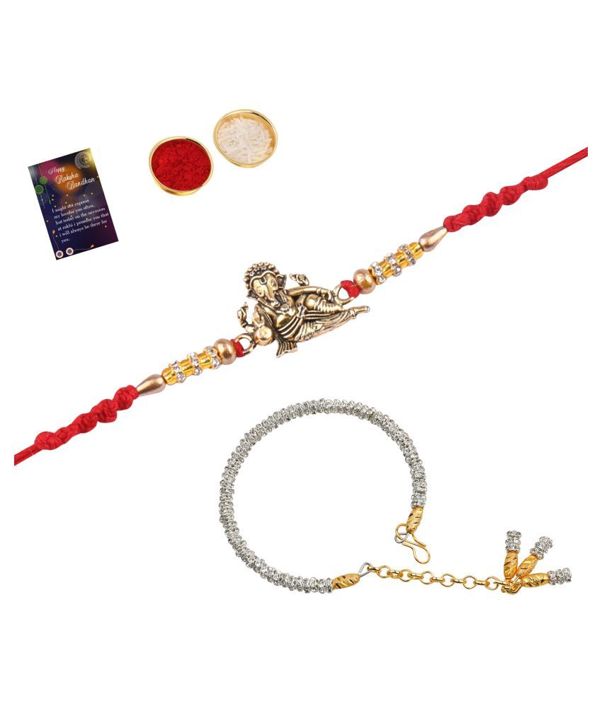     			Paola  Stylish Classic  Look "GANESH JI" Pendant   Rakhi  With Bhabhi Rakhi kada With Roli Chawal And  Greeting Card