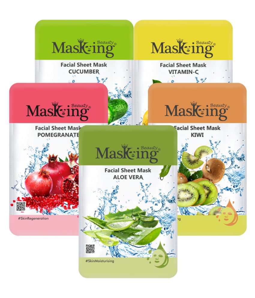     			Masking Beauty Cucumber Lemon Pomegranate Kiwi Aloevera Face Sheet Mask 100 ml Pack of 5