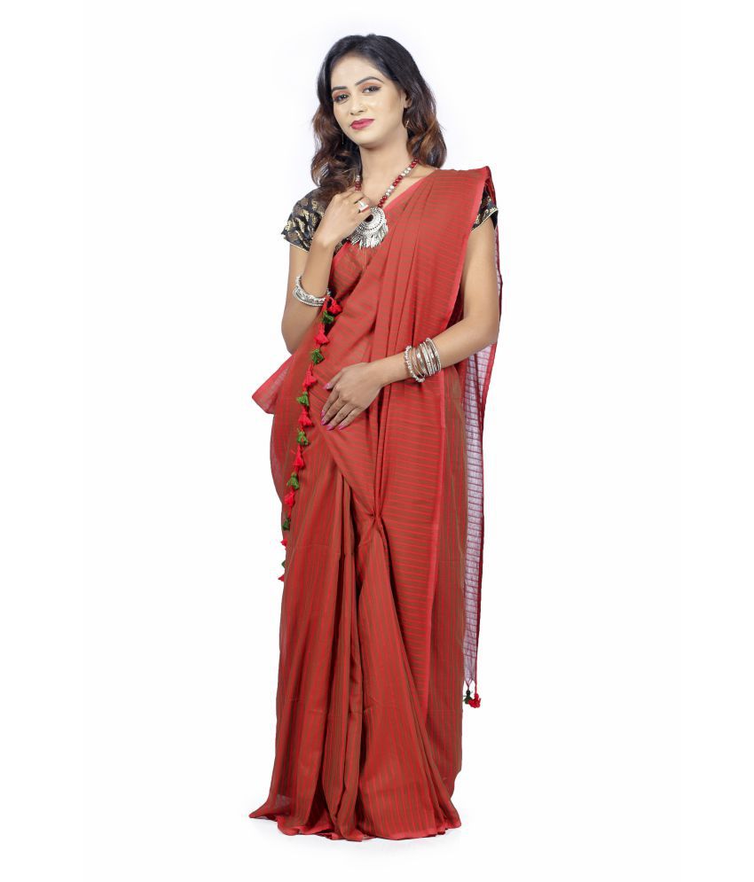     			AngaShobha Red Cotton Saree - Single