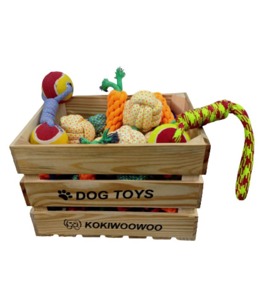 KOKIWOOWOO Wooden Dog Toy Basket Perfect for organizing Dog Toys, Accessories Basket Included 3 Rope Toy, Raw Hide 6 Pcs Half Kg Chew stick