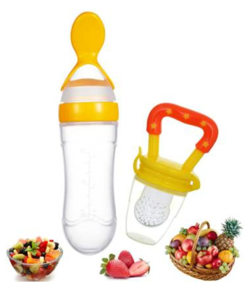 Baby safe Silicone squeeze Fresh Food Feeder Bottle with Food Dispensing Spoon, Infant Food Nibbler // PACIFIER FRUIT FEEDER COMBO GIFT PACK