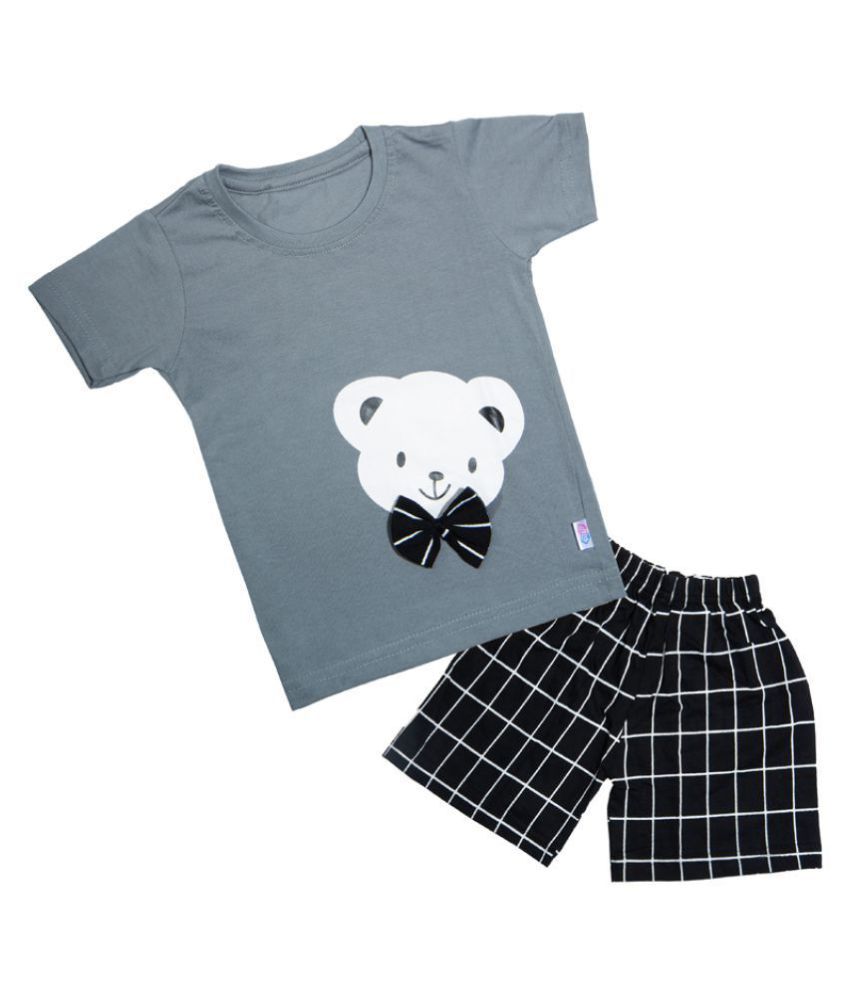 CATCUB Kids Cotton Teddy Printed Clothing Set (Grey)