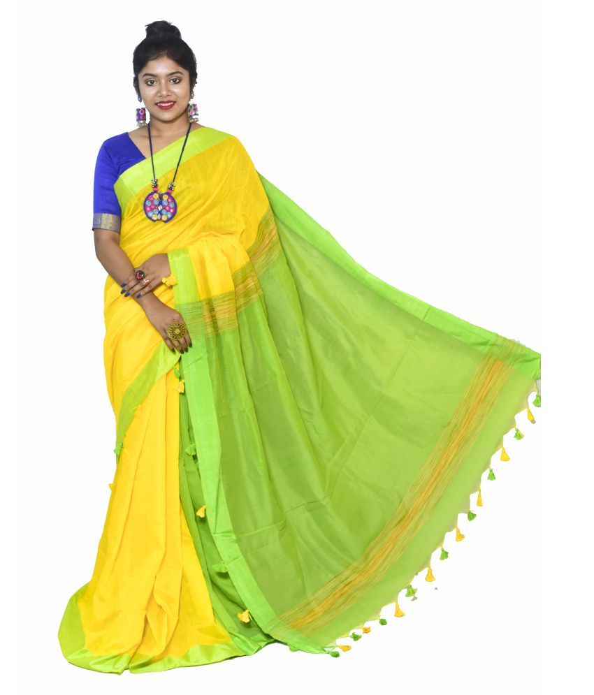     			Handloom Green,Yellow Cotton Silk Saree