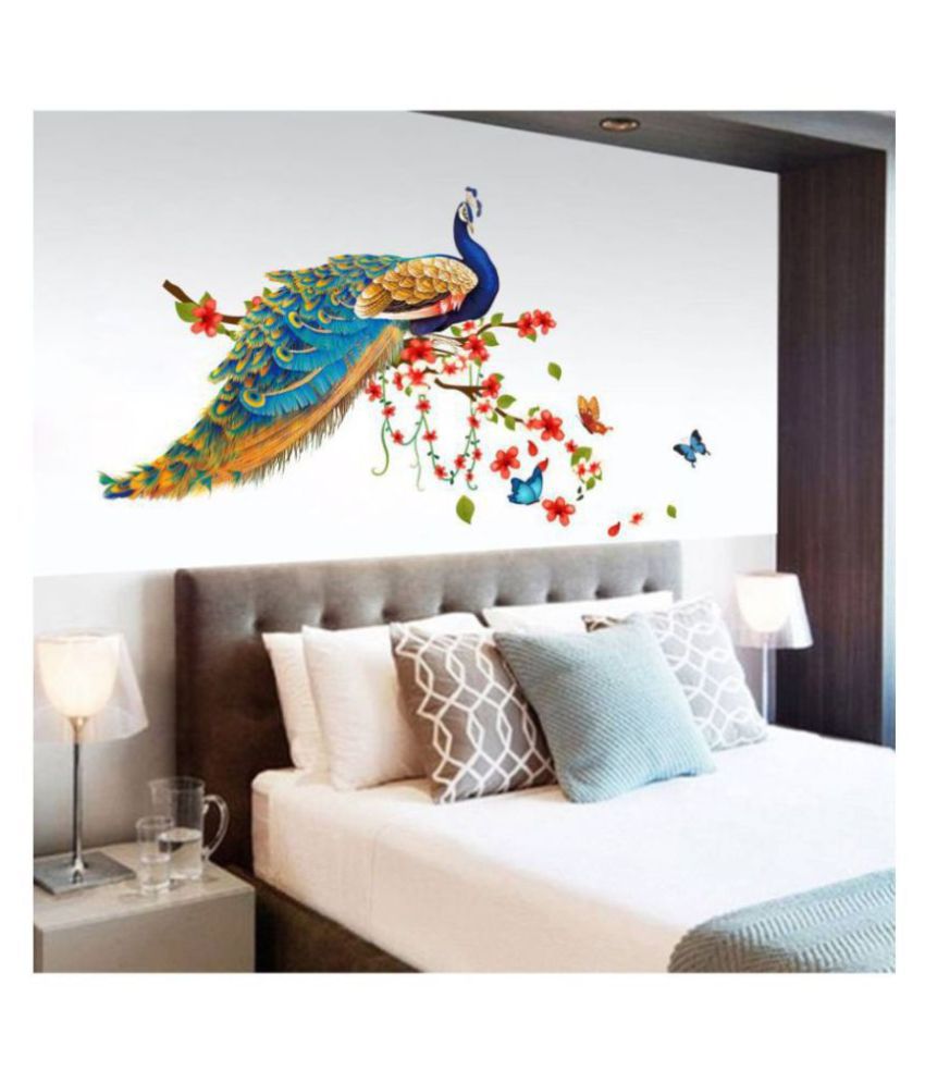     			HOMETALES Peacock Bird Sitting on Floral Branch Wall Sticker ( 50 x 70 cms )