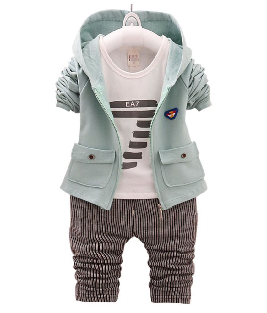 Hopscotch Boys Cotton Text Print Vertical Stripes Full Sleeves T-Shirt Hoodie And Pant Set in Green Color For Ages 3-3.5 Years (ABL-1623622)