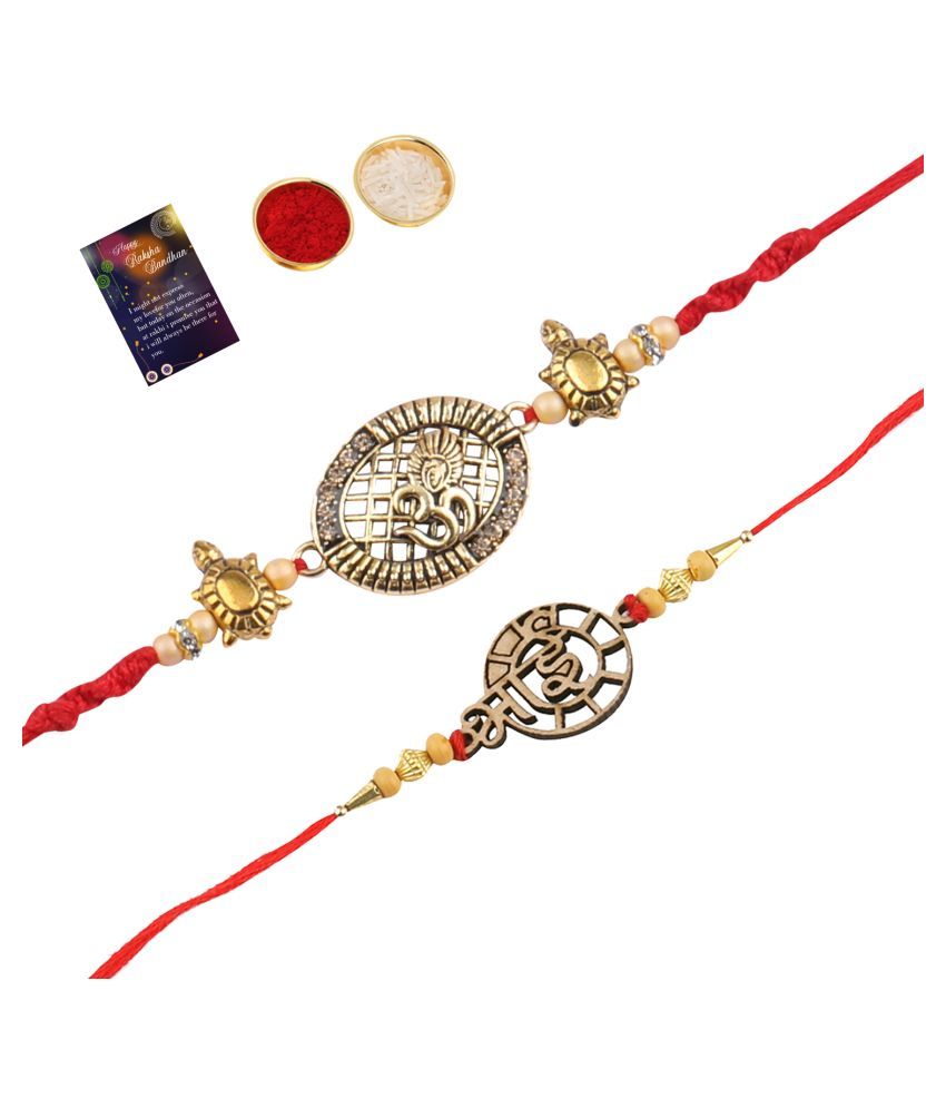     			Paola Elegant  Bhaiya Rakhi " BHAI" Designe With Designer Look "OM" Rakhi Combo For Bhaiya With Roli Chawal And Greeting Card