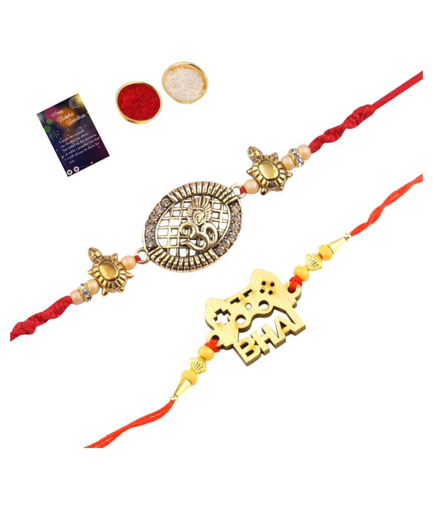     			Paola  Elegant  Bhaiya Rakhi " BHAI" Designe With  Designer Look "OM" Rakhi Combo  For Bhaiya With Roli Chawal And  Greeting Card