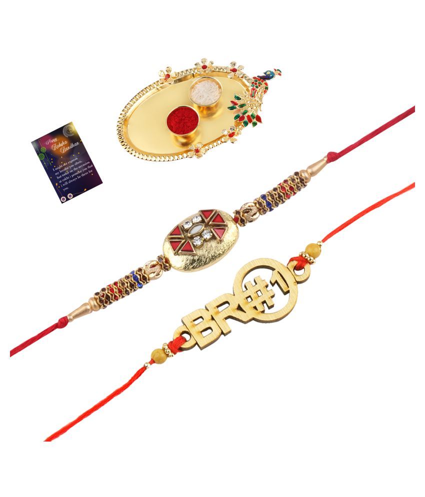     			Paola Stylish  Bhaiya Rakhi " BRO" Designer Pendent With  Designer Look Rakhi Combo  For Bhaiya With Roli Chawal And  Greeting Card 1 Kankawati Pooja Thali